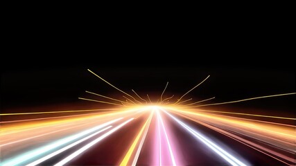 Modern abstract background featuring high-speed motion on a road with neon glowing lines and dynamic light trails. 