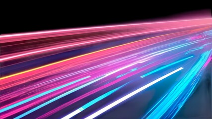Modern abstract background featuring high-speed motion on a road with neon glowing lines and dynamic light trails. 