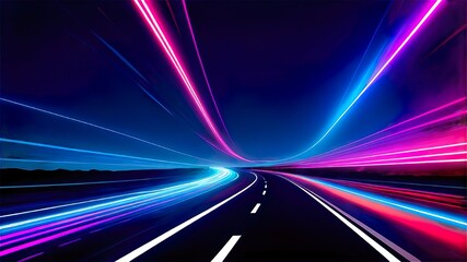 Modern abstract background featuring high-speed motion on a road with neon glowing lines and dynamic light trails. 