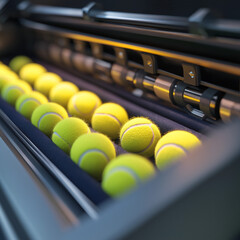 Tennis balls on conveyor in sports equipment factory