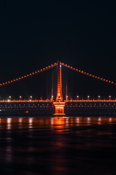 Changjiang Suspension Bridge Illuminated in Wuhan