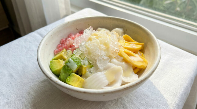 Appetizing bowl of traditional Es Oyen mixed fruit ice dessert, Indonesian traditional ice dessert