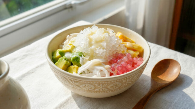 Appetizing bowl of traditional Es Oyen mixed fruit ice dessert, Indonesian traditional ice dessert