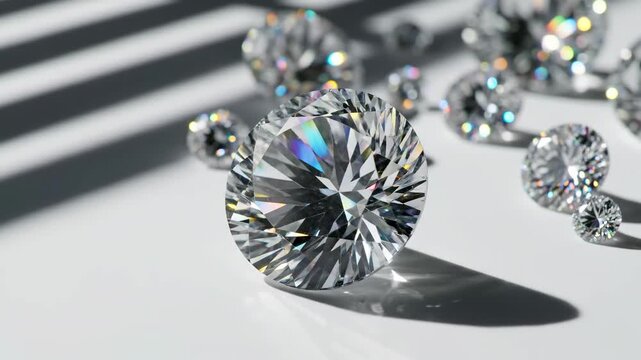 Assortment of brilliant cut diamonds with rainbow fire and dramatic shadow stripes