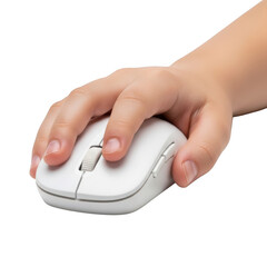 A person's hand holding a white computer mouse with a scroll wheel isolated on transparent background