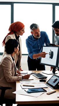 Diverse team collaborating on computer screen.