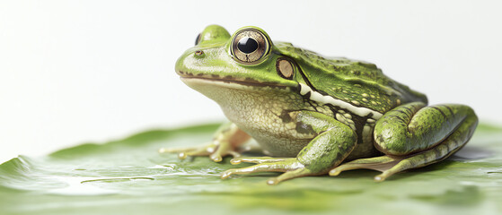 Obraz premium Green frog sitting on a wet lily pad with white background