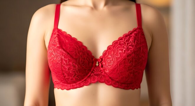 Intricate red lace bra showcasing delicate floral patterns and a small decorative bow detail on the chest strap