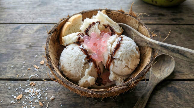 Traditional Es Puter coconut ice cream served in coconut shell, Indonesian traditional ice dessert