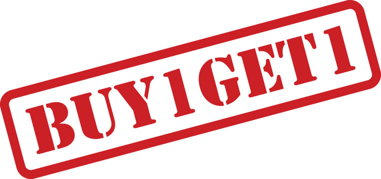 A vibrant red rubber stamp prominently features BUY 1 GET 1 on a pristine white background, announcing a sales deal