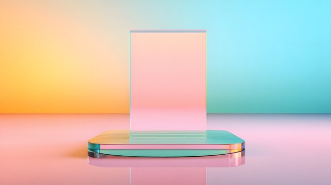 Gradient Platform Showcase: An elegant, transparent platform stands at the forefront, bathed in a blend of pastel hues to exhibit products with sophistication.