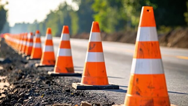 Orange traffic cones lining a road for construction and safety