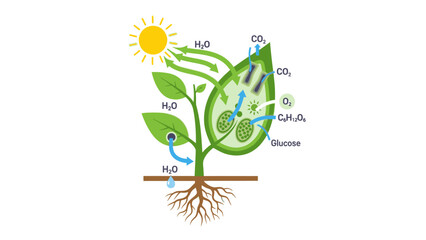 Infographic illustration of a plant with labeled parts and processes, showing sunlight, water, and carbon dioxide conversion into glucose and oxygen.