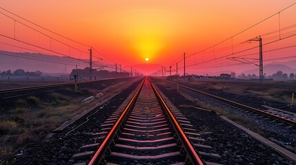 Obraz premium A serene sunset over a train track with power lines in the distance