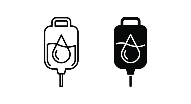 Minimalist IV drip bag icons in outline and solid styles for medical infusion therapy and healthcare design