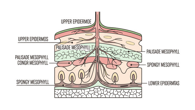 Detailed cross-sectional diagram of a leaf showing upper and lower epidermis, palisade and spongy mesophyll, and vascular tissue in a scientific illustration.