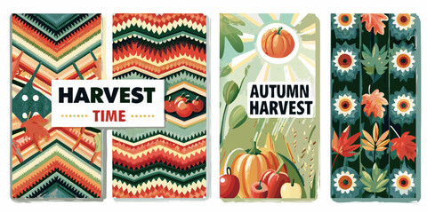 Four vibrant autumn banners featuring harvest themes and geometric patterns © Mamata