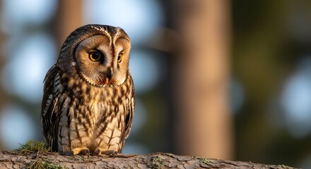 Majestic short eared owl with striking yellow eyes perched intently upon a rough textured tree branch in soft, golden evening light filtering through the forest trees