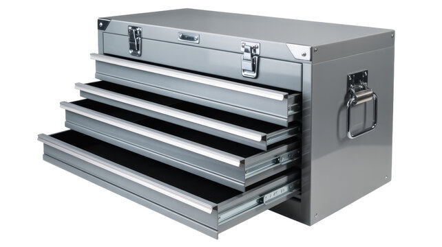 Metal toolbox with open drawers storage isolated on a transparent background