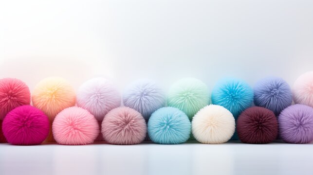 A vibrant array of colorful pom poms neatly arranged in a row