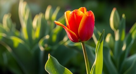 Naklejka premium A vibrant red tulip stands out among lush green leaves in a serene garden setting with warm sunlight and a soft-focus background.