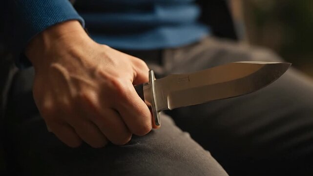 Close up of a hand holding a large silver knife