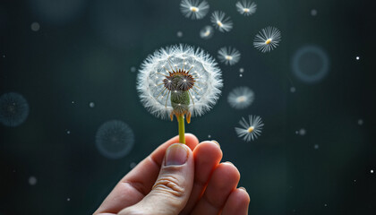Fototapeta premium Hand Holding a Dandelion as Seeds Drift Like Stars Against a Deep Twilight Sky — Symbol of Wishes, Transition & Gentle Release