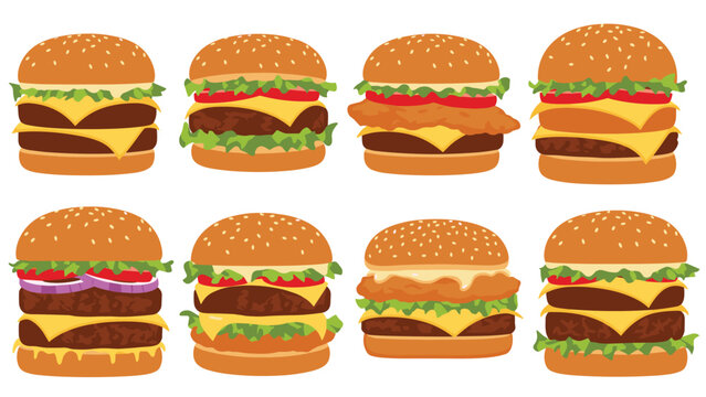 Delicious assortment of various hamburger styles with different layers of meat cheese lettuce and toppings on buns.