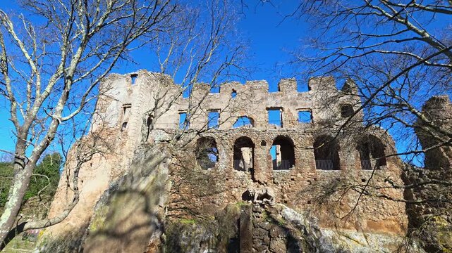 Ancient ruins of Altieri Palace and Bernini Lion Fountain in the ghost town of Monterano, Lazio, Italy