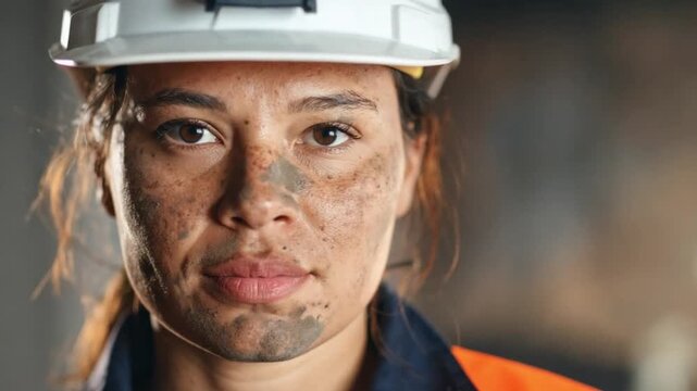 Determined female miner with dirty face wearing hard hat