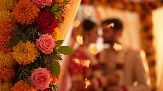 A joyful Bengali couple exchanging vows surrounded by flowers at a traditional wedding ceremony.
