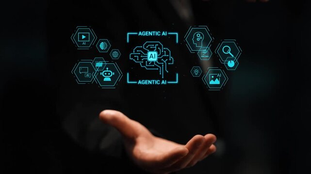 Futuristic representation of artificial intelligence displayed through holographic icons in a businessman hand, showcasing advanced technology concepts and applications. Gluon.