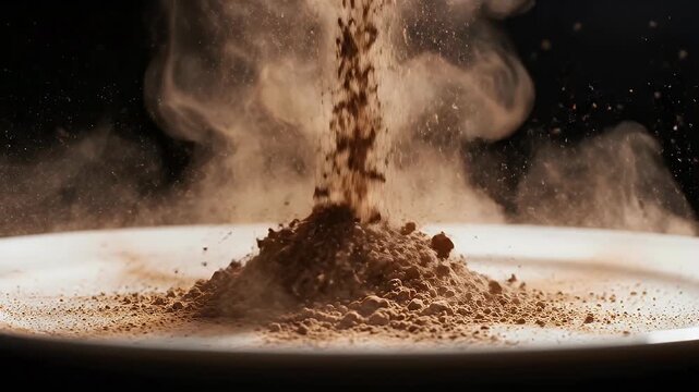 A cloud of fine cocoa powder falling onto a white plate