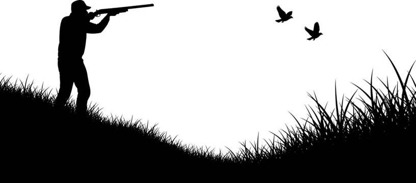 Bird hunter silhouette set, man aiming shotgun at flying ducks, waterfowl hunting scene vector, outdoor sport illustration, marsh grass landscape, hunter profile.