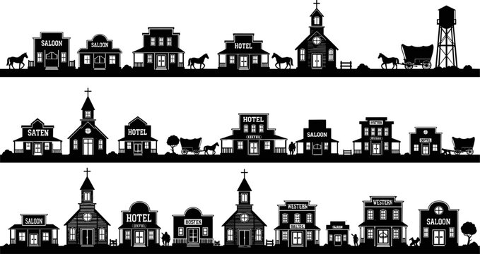 Wild west town silhouettes, western building vector set, saloon hotel church architecture, frontier village landscape, old texas street, pioneer cityscape.