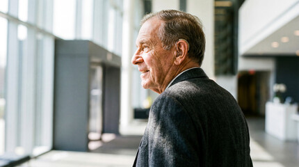 Fototapeta premium Senior businessman with hearing aid in modern corporate lobby profile view. Executive with assistive device for disability inclusion, accessible workplace and aging professional concept.