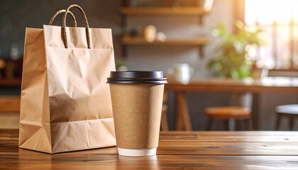 Disposable coffee cup and craft paper bag on a rustic wooden table in a cafe, ready for takeaway
