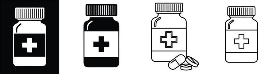 Fototapeta premium Medicine bottle and pills icons set in solid and outline medical vector collection