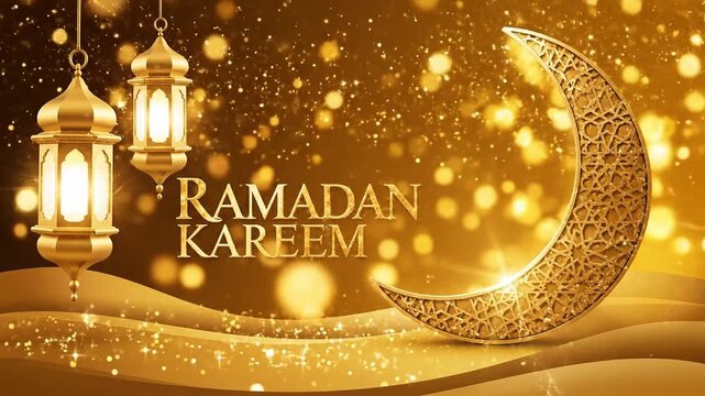 Beautiful golden ramadan kareem greeting card with lanterns and crescent moon in desert scene