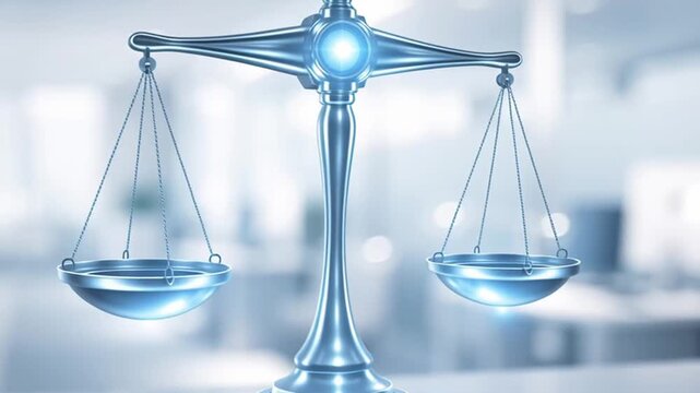 Futuristic scale justice balance law symbol concept fairness equality judgment legal technology background abstract metal scale justice law symbol silver balance scale equality concept harmony