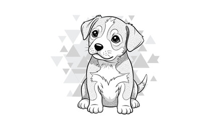 Detailed black and white sketch of a cute puppy with large soulful eyes sitting against a geometric triangle background.