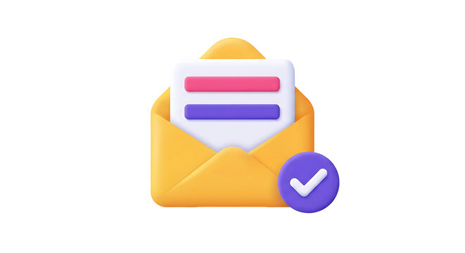 3D Mail Envelope Icon with Letter and Check Mark &ndash; Minimal Email Message Contact Illustration on transparent Background