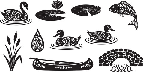 Black and white of swans ducks fish lily pads reeds and a canoe on water © MdAbu