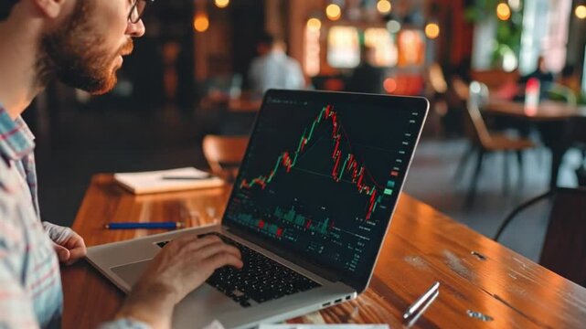 Young man analyzing stock market data on laptop in a cafe