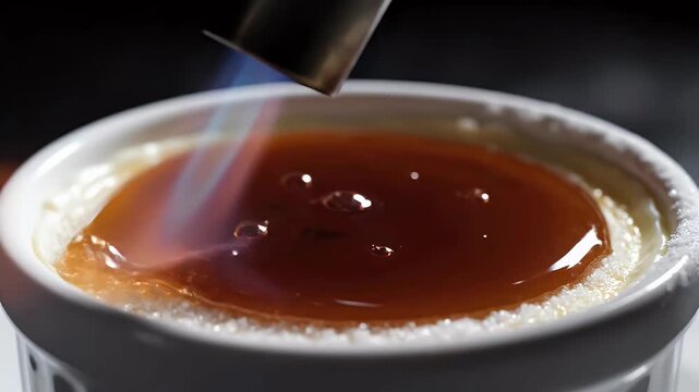 A kitchen torch caramelizes sugar on a delicious cr&egrave;me dessert