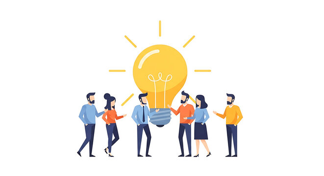 Group of People Collaborating Around a Large Light Bulb Representing Ideas and Innovation