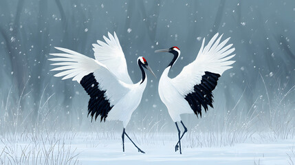 Fototapeta premium Graceful Red-Crowned Cranes in a Winter Wonderland