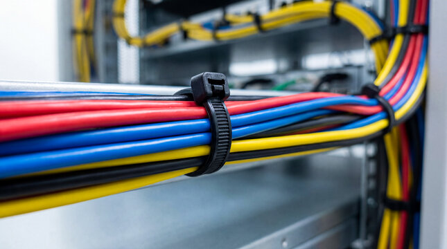 Colorful electrical wires bundled with black zip tie in server panel close up. Red blue yellow cables for electrical installation, network infrastructure and data center maintenance.