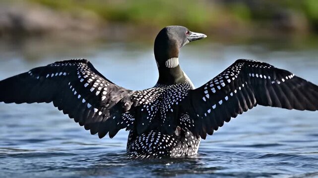Common loon spreading wings on water with black and white spotted plumage detail