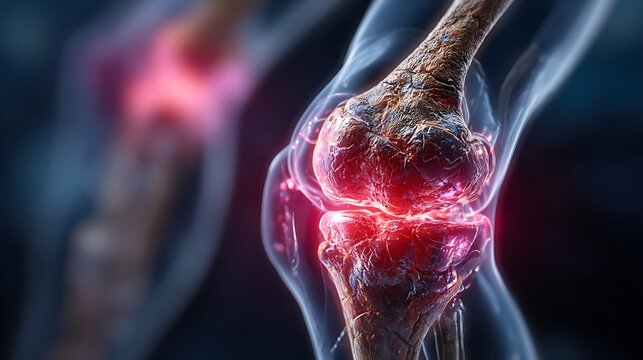 A detailed 3d rendering of a knee joint with inflammation and redness.